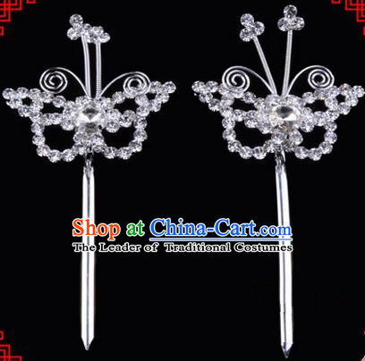 Chinese Ancient Peking Opera Head Accessories Diva White Crystal Hairpins, Traditional Chinese Beijing Opera Princess Hua Tan Butterfly Hair Clasp Head-ornaments