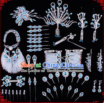 Chinese Ancient Peking Opera Head Accessories Diva Blue Crystal Hairpins, Traditional Chinese Beijing Opera Princess Hua Tan Hair Clasp Head-ornaments Complete Set
