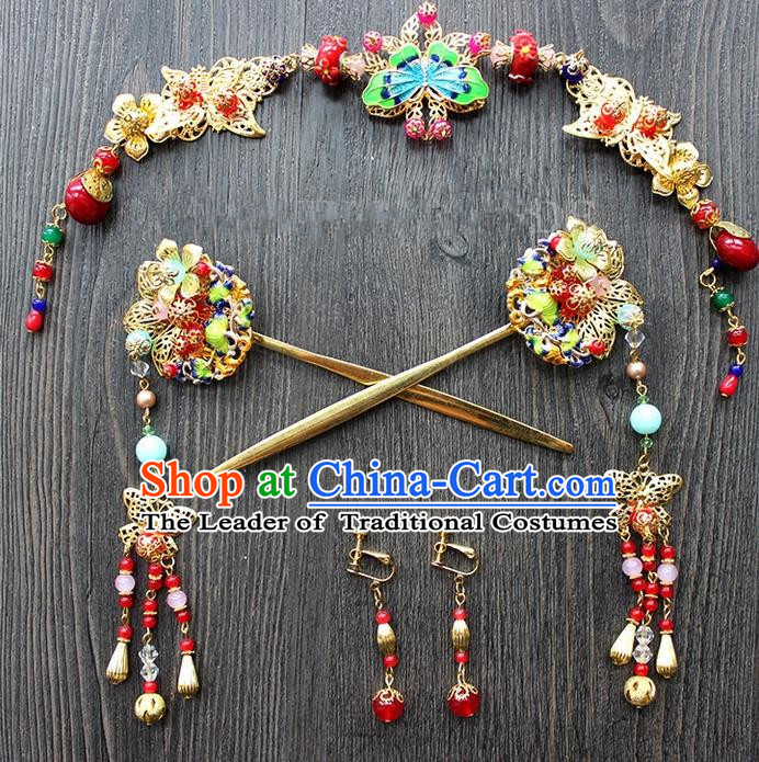 Top Grade Chinese Handmade Wedding Hair Accessories Complete Set, Traditional China Xiuhe Suit Bride Forehead Ornament Phoenix Coronet Tassel Hairpins Headwear for Women