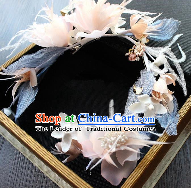 Top Grade Handmade Wedding Bride Hair Accessories Headwear Feather Hair Clasp, Traditional Princess Baroque Flowers Headpiece for Women