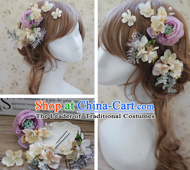 Top Grade Handmade Wedding Bride Hair Accessories Headwear Purple Peach Flower Hairpins, Traditional Princess Baroque Headpiece for Women