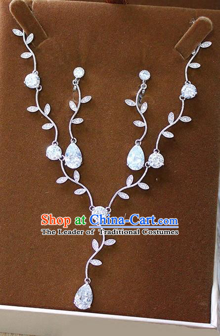Top Grade Handmade China Wedding Bride Accessories Zircon Necklace and Earrings, Traditional Princess Wedding Crystal Long Earbob Jewelry for Women