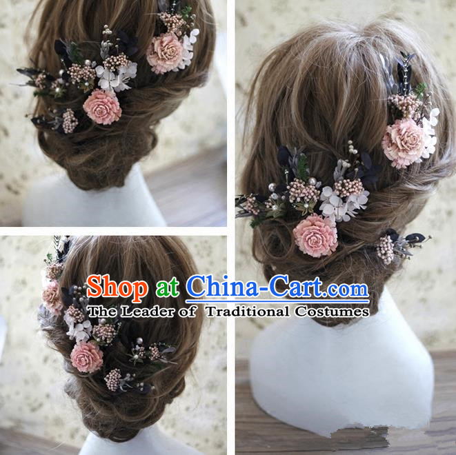 Top Grade Handmade Wedding Bride Hair Accessories Pink Flowers Headwear, Traditional Princess Baroque Hair Stick Headpiece Hairpins Complete Set for Women