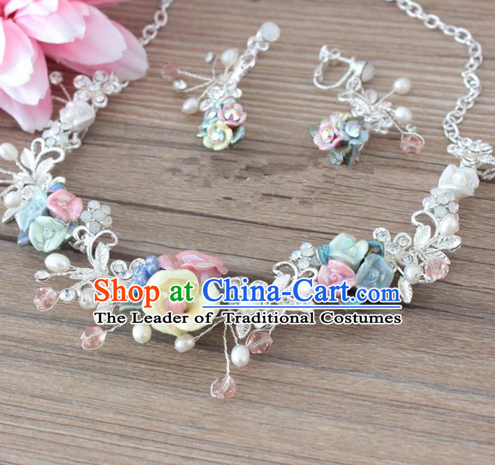 Top Grade Handmade China Wedding Bride Accessories Ceramics Flowers Pearl Necklace and Earrings, Traditional Princess Wedding Earbob Jewelry for Women