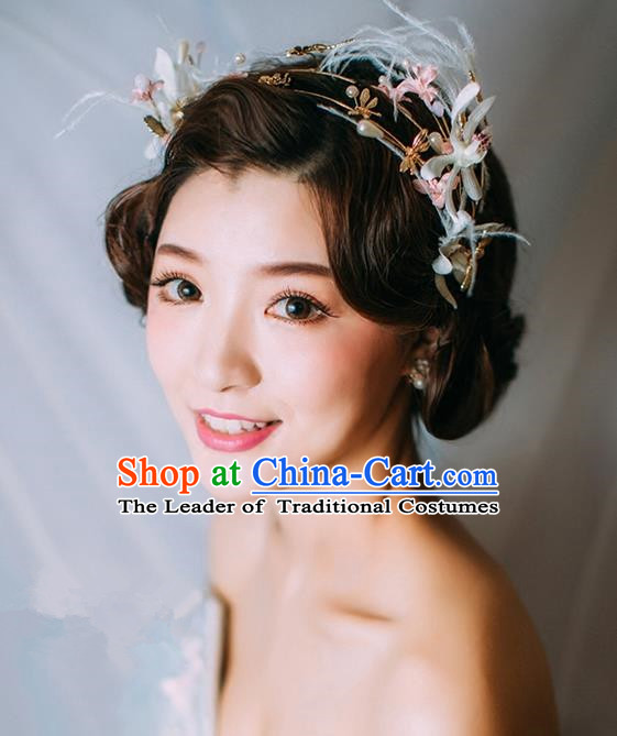 Top Grade Handmade Wedding Bride Hair Accessories Feather Flower Hair Clasp, Traditional Princess Baroque Headband Headpiece for Women