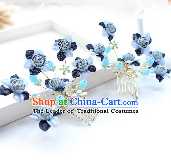 Top Grade Handmade Wedding Bride Hair Accessories Blue Flowers Hair Combs, Traditional Princess Baroque Hair Stick Headpiece for Women