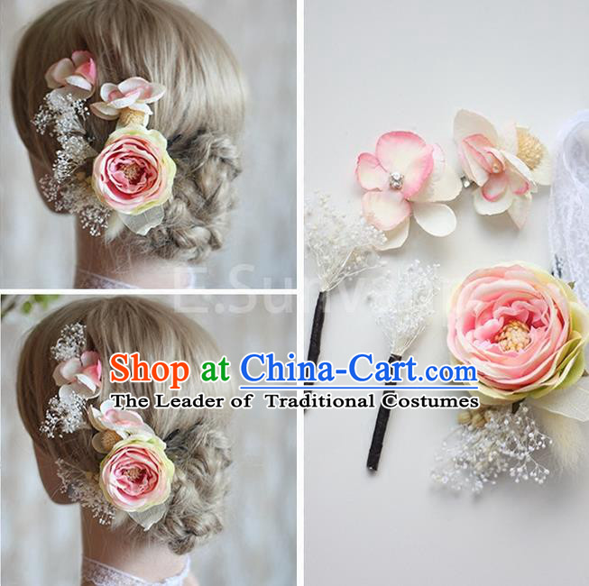 Top Grade Handmade Wedding Bride Hair Accessories Pink Flowers Hair Clips Complete Set, Traditional Princess Baroque Hair Stick Headpiece for Women