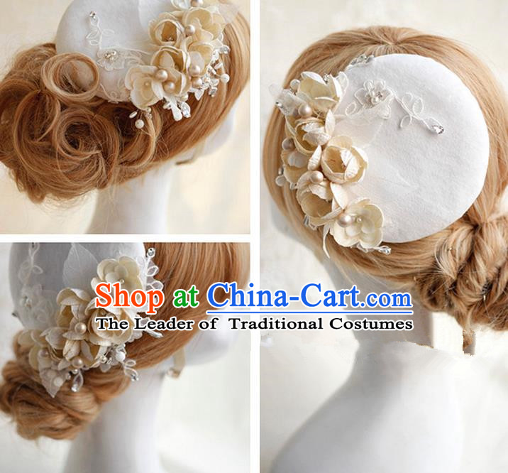 Top Grade Handmade Wedding Bride Hair Accessories Lace Hat, Traditional Princess Baroque Beige Flowers Top Hat Headpiece for Women