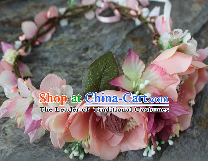 Top Grade Handmade Wedding Bride Hair Accessories Pink Flowers Garland, Traditional Princess Baroque Hair Clips Headpiece for Women
