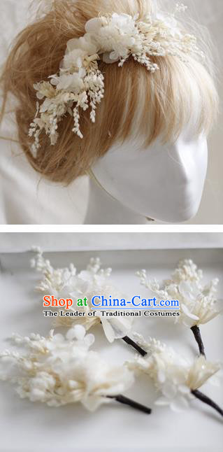Top Grade Handmade Wedding Bride Hair Accessories White Flowers Headwear, Traditional Princess Baroque Hair Stick Headpiece Hairpins Complete Set for Women