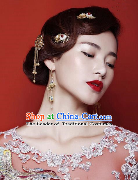 Top Grade Chinese Handmade Wedding Jade Hair Accessories Complete Set, Traditional China Xiuhe Suit Bride Tassel Hairpins Headwear for Women