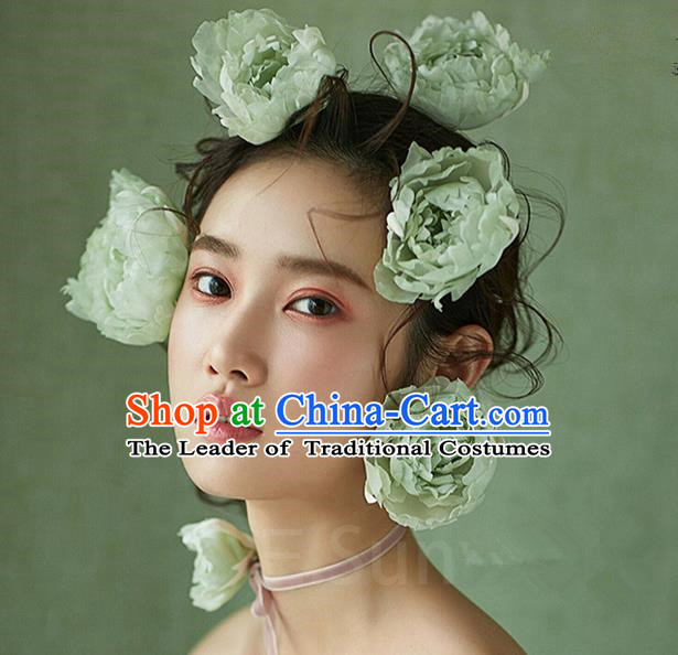 Top Grade Handmade Wedding Bride Hair Accessories Green Flowers Hair Stick, Traditional Princess Baroque Hair Claws Headpiece for Women