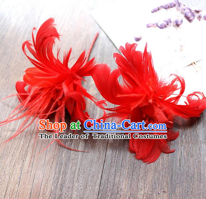 Top Grade Handmade Wedding Bride Hair Accessories Red Feather Hairpins, Traditional Princess Baroque Hair Stick Headpiece for Women