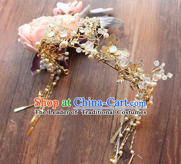 Top Grade Chinese Handmade Wedding Jade Blueing Hair Accessories, Traditional China Xiuhe Suit Bride Phoenix Coronet Butterfly Tassel Hairpins Headwear for Women