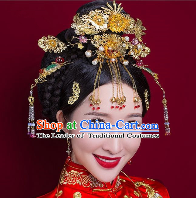 Top Grade Chinese Handmade Wedding Hair Accessories Complete Set Forehead Ornament, Traditional China Xiuhe Suit Phoenix Coronet Bride Tassel Hairpins Headdress for Women
