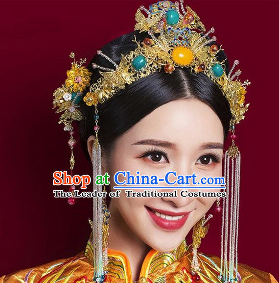 Top Grade Chinese Handmade Wedding Hair Accessories Step Shake Complete Set, Traditional China Xiuhe Suit Phoenix Coronet Bride Tassel Hairpins Headdress for Women