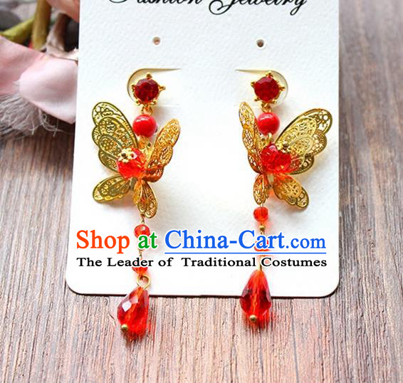 Top Grade Handmade China Wedding Bride Accessories Butterfly Earrings, Traditional Princess Wedding Xiuhe Suit Red Bead Eardrop Jewelry for Women