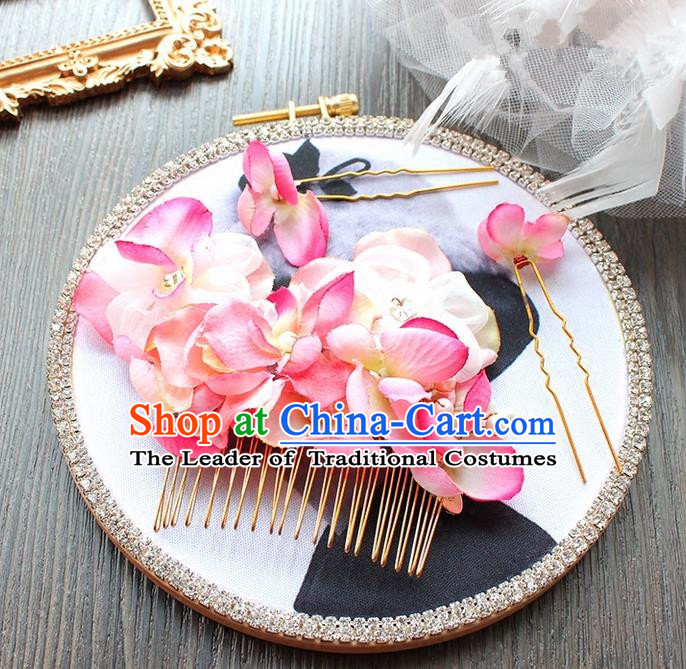 Top Grade Handmade Wedding Bride Hair Accessories Pink Hair Claw, Traditional Princess Baroque Hair Comb Headpiece for Women