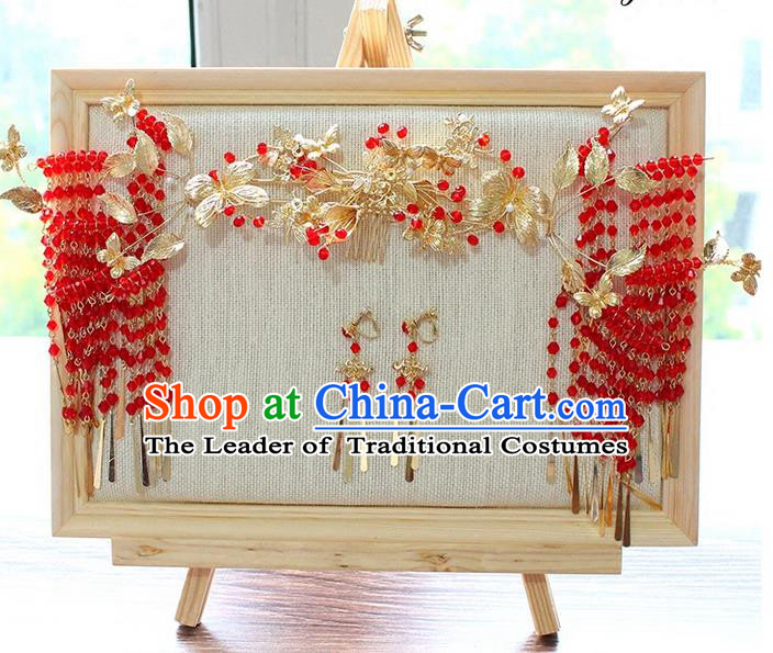 Top Grade Chinese Handmade Wedding Red Beads Hair Accessories Complete Set, Traditional China Xiuhe Suit Step Shake Phoenix Crown Bride Crystal Tassel Hairpins Headdress for Women