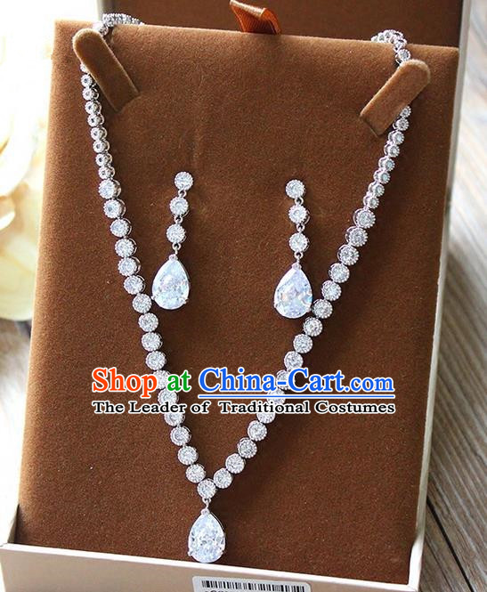 Top Grade Handmade China Wedding Bride Accessories Zircon Necklace and Earrings, Traditional Princess Round Crystal Wedding Eardrop Jewelry for Women