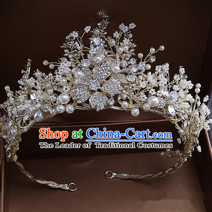 Top Grade Handmade Wedding Hair Accessories Bride Vintage Beads Crown, Traditional Baroque Queen Pearl Royal Crown Wedding Headwear for Women