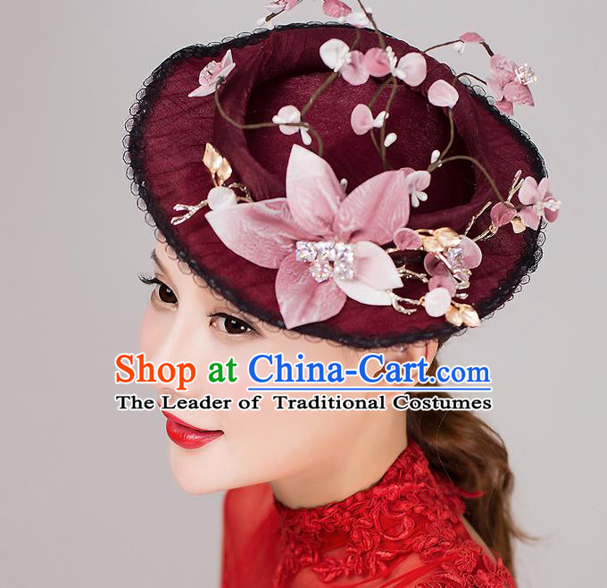 Top Grade Handmade Wedding Bride Hair Accessories Wine Red Top Hat, Traditional Baroque Princess Hat Headpiece for Women