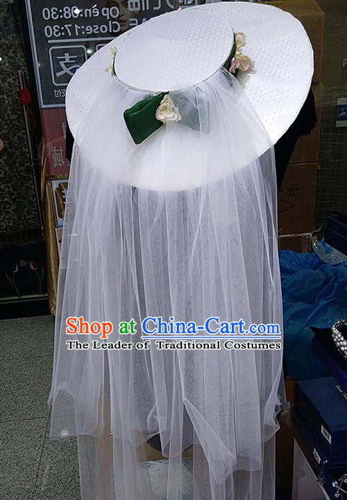 Top Grade Handmade Wedding Bride Hair Accessories White Hat, Traditional Baroque Princess Top Hat Headpiece for Women