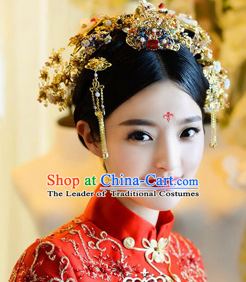 Top Grade Chinese Handmade Wedding Hair Accessories Phoenix Coronet Complete Set, Traditional China Xiuhe Suit Bride Step Shake Tassel Headdress for Women