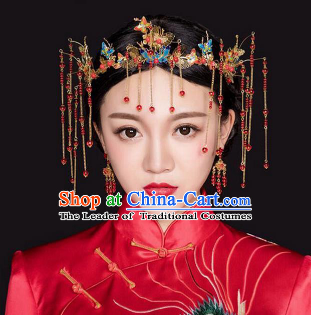 Top Grade Chinese Handmade Wedding Hair Accessories Phoenix Coronet, Traditional China Xiuhe Suit Bride Tassel Step Shake Headdress for Women