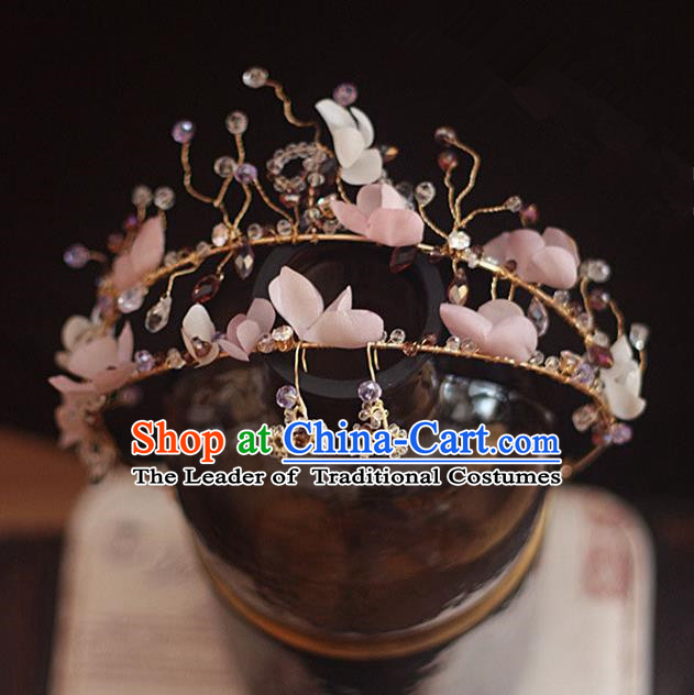 Top Grade Handmade Wedding Bride Hair Accessories Princess Pink Flowers Hair Clasp and Earrings, Traditional Princess Baroque Hair Clip Headpiece for Women