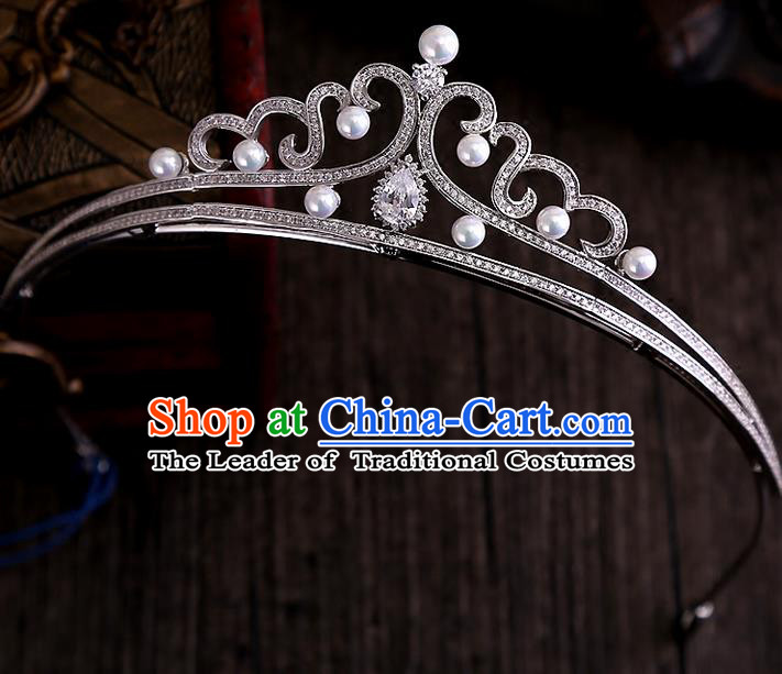 Top Grade Handmade Wedding Hair Accessories Bride Vintage Diamante Crown, Traditional Baroque Princess Crystal Pearl Royal Crown Wedding Headwear for Women
