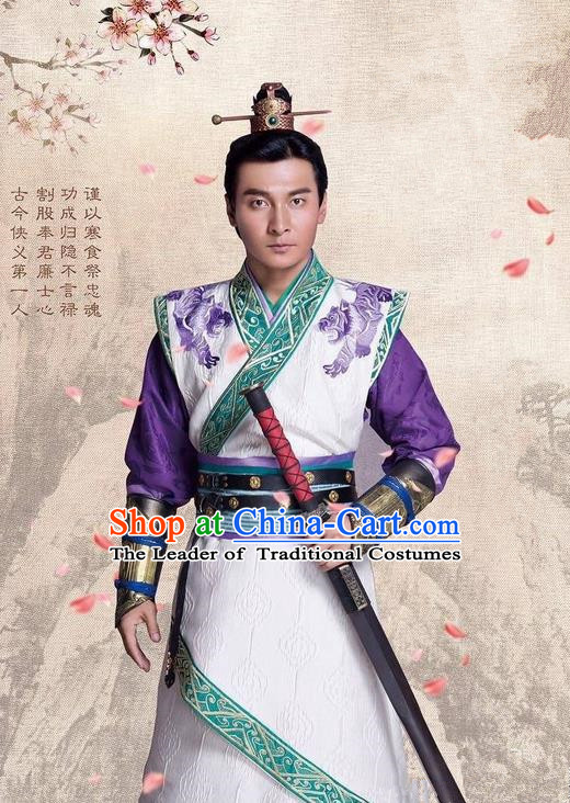 Traditional Ancient Chinese Chunqiu Period Dynasty Swordsman Costume and Headpiece Complete Set, Chinese Chong Er Preach Nobility Childe Robe Clothing for Men