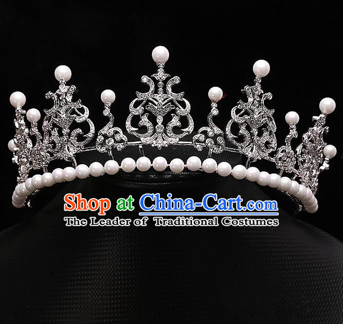 Top Grade Handmade Wedding Hair Accessories Bride Princess Zircon Imperial Crown, Traditional Baroque Queen Retro Pearl Royal Crown Wedding Headwear for Women
