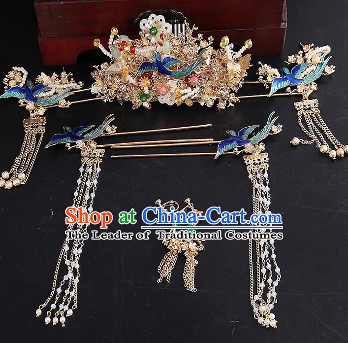 Top Grade Chinese Handmade Wedding Hair Accessories Head Ornament Complete Set, Traditional China Xiuhe Suit Bride Blueing Phoenix Tassel Step Shake Headdress for Women