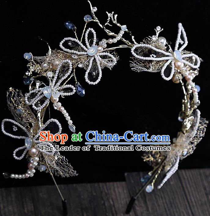 Top Grade Handmade Wedding Dragonfly Hair Accessories Bride Butterfly Hair Clasp, Traditional Baroque Princess Beads Headband Hair Clip Headpiece for Women