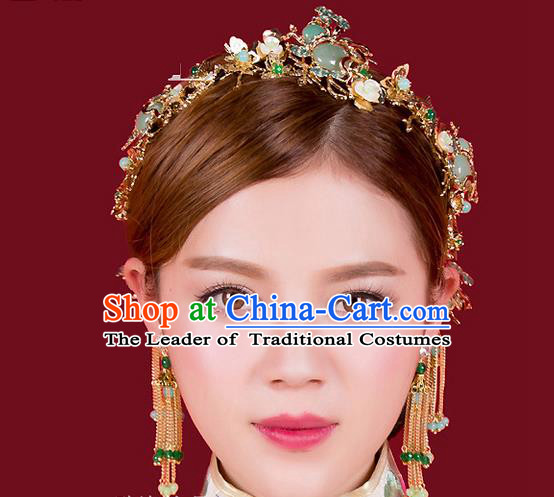 Top Grade Chinese Handmade Wedding Green Jade Hair Accessories Hair Combs, Traditional China Xiuhe Suit Bride Headdress Hairpins Complete Set for Women