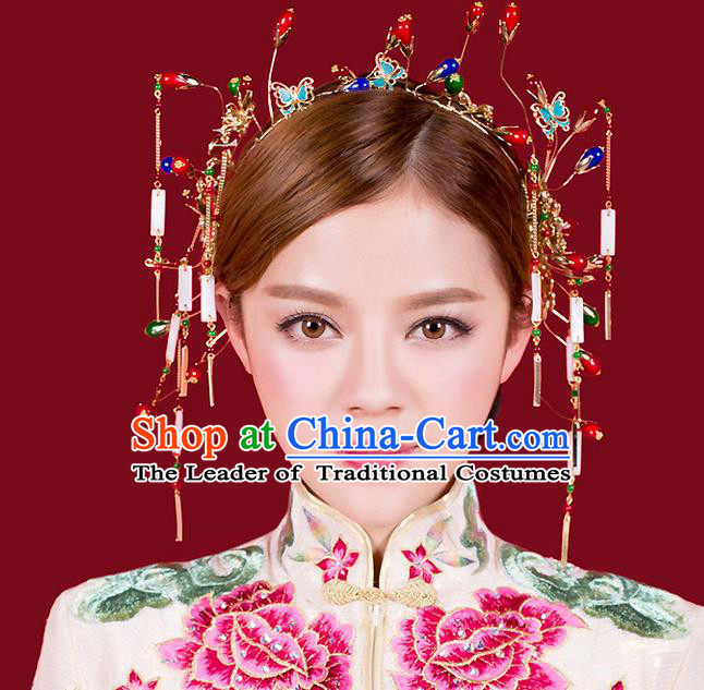 Top Grade Chinese Handmade Wedding Hair Accessories Hair Clasp, Traditional China Xiuhe Suit Bride Butterfly Hairpins Hanfu Tassel Headdress for Women