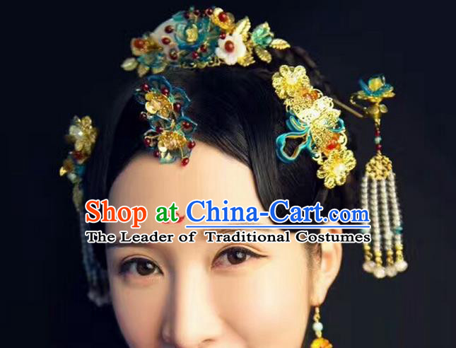 Top Grade Chinese Handmade Wedding Hair Accessories Hair Combs, Traditional China Xiuhe Suit Bride Hairpins Hanfu Tassel Headdress Complete Set for Women