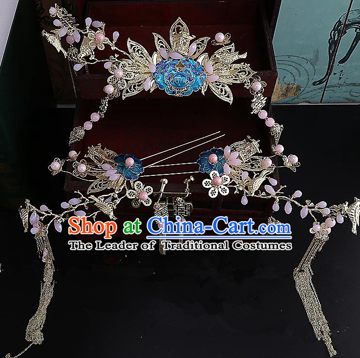 Top Grade Chinese Handmade Wedding Hair Accessories Phoenix Coronet Complete Set, Traditional China Xiuhe Suit Bride Hairpins Hanfu Tassel Headdress for Women