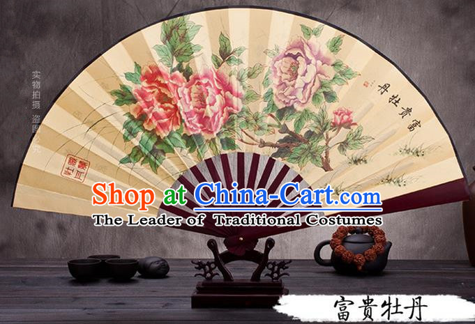 Traditional Chinese Ancient Peking Opera Accessories Scholar Ink Painting Peony Fan, Traditional Chinese Beijing Opera Young Men Props Folding Fans