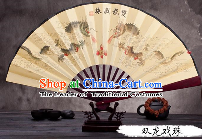 Traditional Chinese Ancient Peking Opera Accessories Scholar Ink Painting Dragon Fan, Traditional Chinese Beijing Opera Young Men Props Folding Fans