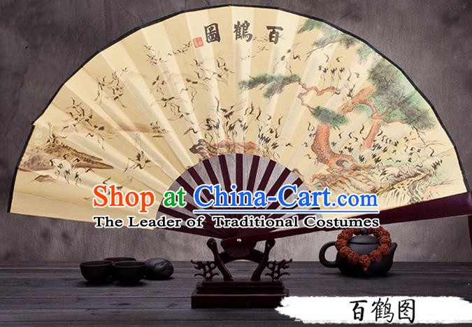 Traditional Chinese Ancient Peking Opera Accessories Scholar Ink Painting Cranes Fan, Traditional Chinese Beijing Opera Young Men Props Folding Fans