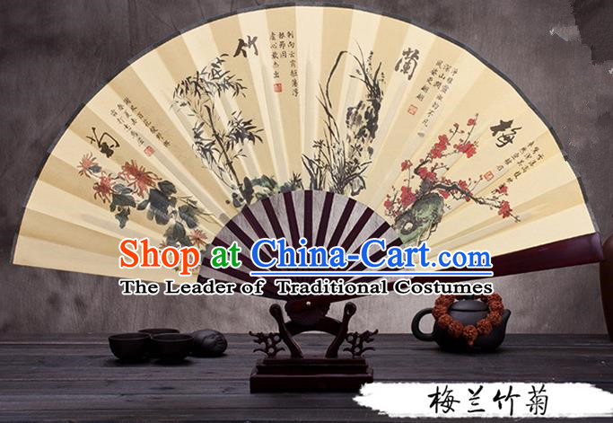 Traditional Chinese Ancient Peking Opera Accessories Scholar Ink Painting Plum Blossoms Orchid Bamboo and Chrysanthemum Fan, Traditional Chinese Beijing Opera Young Men Props Folding Fans