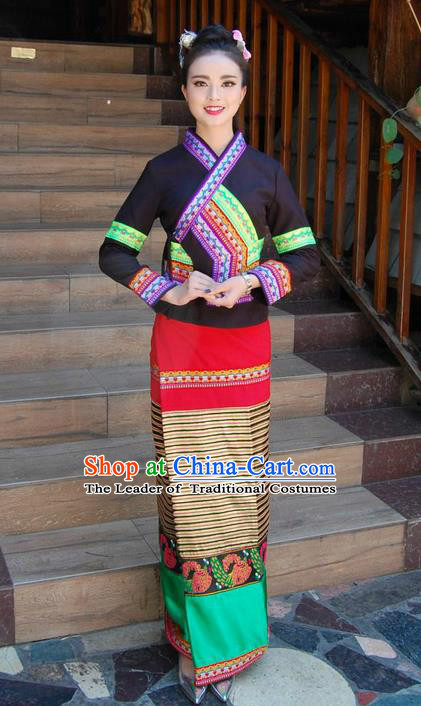 Traditional Traditional Thailand Female Clothing, Southeast Asia Thai Ancient Costumes Dai Nationality Black Sari Dress for Women