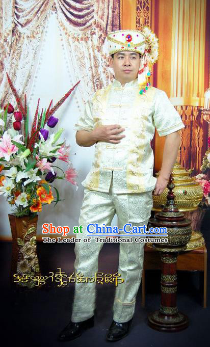 Traditional Traditional Thailand Male Clothing, Southeast Asia Thai Ancient Costumes Dai Nationality White Shirt and Pants for Men