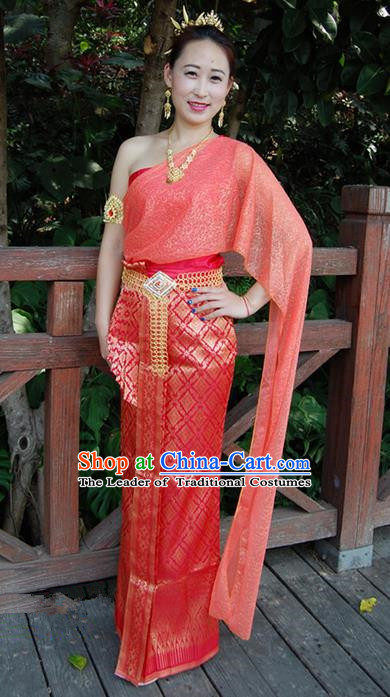 Traditional Traditional Thailand Princess Clothing, Southeast Asia Thai Ancient Costumes Dai Nationality Wedding Red Sari Dress for Women