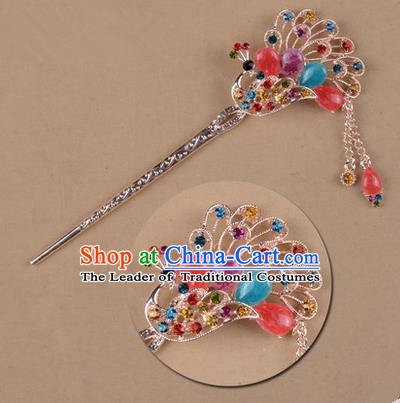 Top Grade Chinese Ancient Peking Opera Hair Accessories Diva Colours Crystal Peacock Hairpins Step Shake, Traditional Chinese Beijing Opera Hua Tan Hair Clasp Head-ornaments