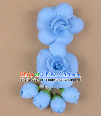 Chinese Ancient Peking Opera Hair Accessories Diva Temple Blue Flowers Hairpins, Traditional Chinese Beijing Opera Princess Hua Tan Hair Clasp Head-ornaments