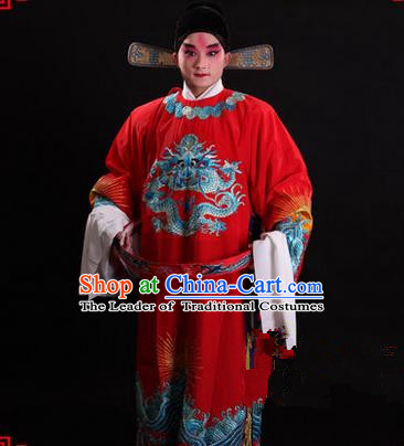 Traditional Chinese Beijing Opera Male Red Clothing and Shoes Complete Set, China Peking Opera Emperor Costume Embroidered Gwanbok Robe Opera Costumes