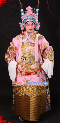 Traditional Chinese Beijing Opera Emperor Clothing and Headwear Complete Set, China Peking Opera His Royal Highness Embroidered Dragon Robe Pink Opera Costumes